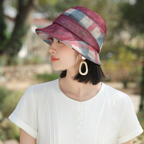 妈妈款春夏季渔夫帽户外出游时尚气质格子盆帽中老年遮阳防晒帽子