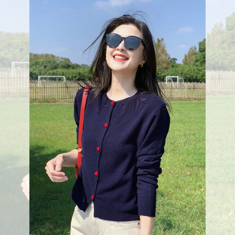 早秋穿搭藏蓝色小个子短款开衫毛衣外套女春秋软糯长袖针织衫上衣|undefined