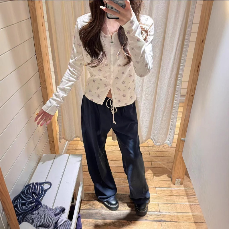 BM Beautiful Korean Style Purple Floral Lace Button Long Sleeve T-Shirt Top Women's Bm Base Shirt Gentle Thin Cardigan