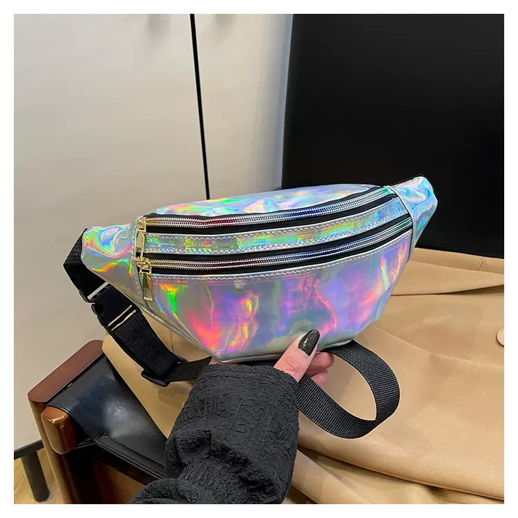 潮流镭射腰包男女新款跨境批发户外亮面运动胸包多功能单肩斜挎包