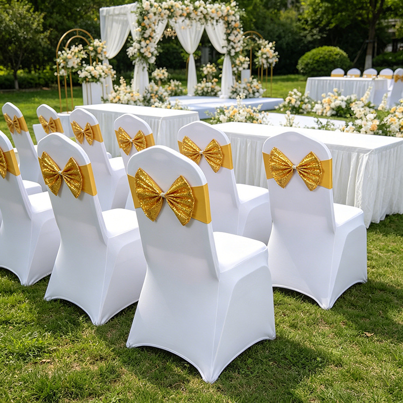Elastic, no-tie bow chair covers for weddings, hotels, and banquets; white chair back flower decorations with ties; suitable for outdoor use
