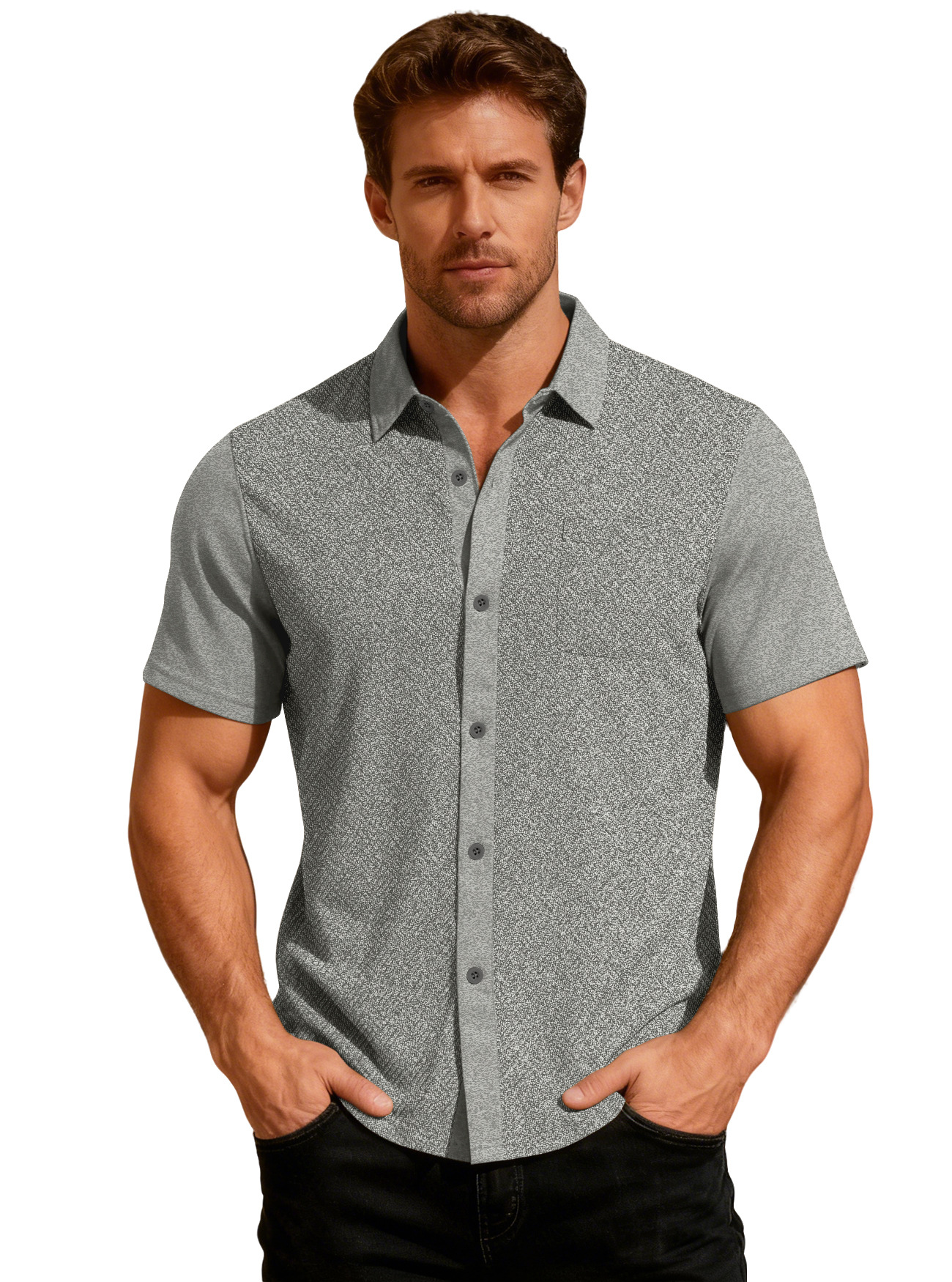 Europa y Estados Unidos ropa de hombre transfronteriza TK paleta de verano suelta con solapa transpirable Cardigan toalla jacquard camisa de hombre de manga corta