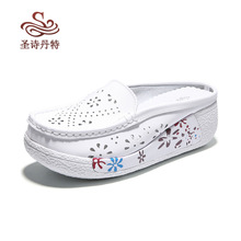 跨境真皮包头坡跟半拖鞋女懒人凉拖鞋高跟外穿透气厚底松糕妈妈鞋