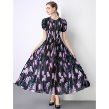 褶皱夏季新款短袖显瘦百搭洋气长裙夏装圆领短袖手工钉珠百褶裙女