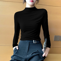 黒の半高襟の底のシャツの女性の春と秋冬の中で身を修めるマスクの長袖のtシャツの中で薄い上着を襟ます。