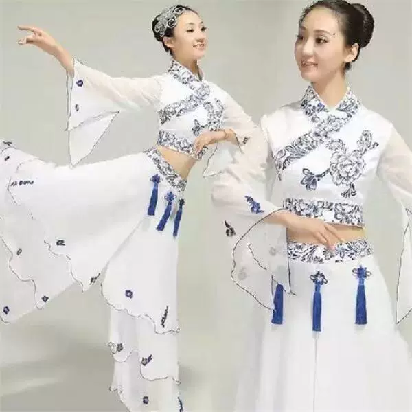 Китайский стиль голубая и белая фарфоровая сценическая одежда этническая Guzheng классические женские веера Янгэй Plaza танец взрослые женщины