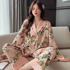 春秋睡衣女2024新款长袖冰雪丝复古轻奢风高级感大码宽松家居服