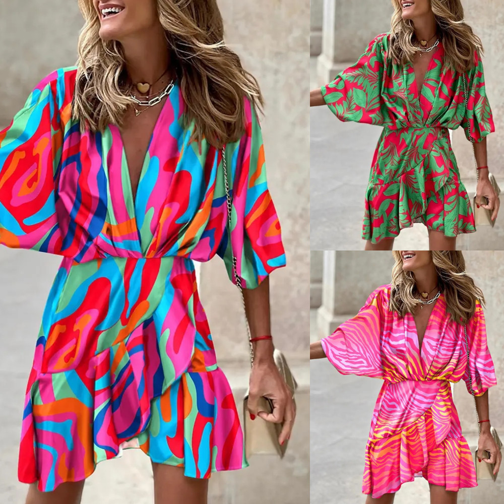 3/4 Length Sleeve Sleeve Length Pencil Skirt Dresses Type Wholesale Women'S Fashion Printing Pocket Printing Color Block Holiday Daily V Neck 3/4 Length Sleeve Pencil Skirt