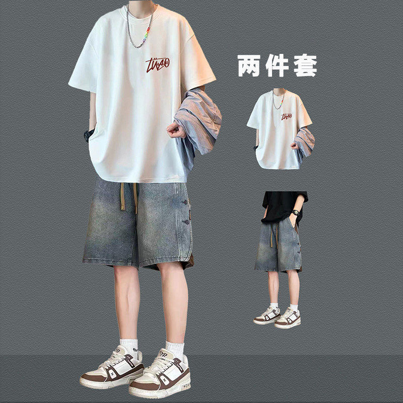 Short-Sleeved T-Shirt Suit for Men in Summer, Cool and Trendy Style, Paired with Denim Shorts, a Stylish Men's Two-Piece Set from a Trendy Brand Short-Sleeved T-Shirt Suit for Men in Summer, Cool and Trendy Style, Paired with Denim Shorts, a Stylish Men's Two-Piece Set from a Trendy Brand