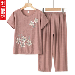 Grandma's Summer Suit Printed Old Women's Mother Short-sleeved Cotton Linen Loose Old People's Summer Clothes Two-piece Set