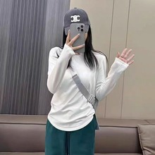 春季lulu同款纯色圆领长袖打底衫女修身显瘦t恤内搭外穿正肩上衣