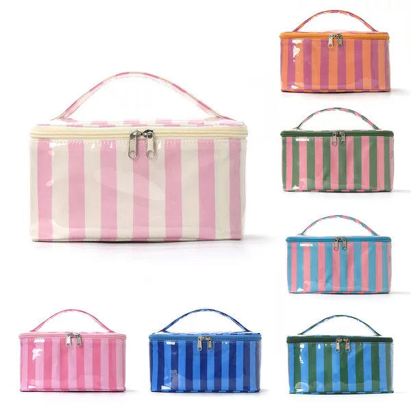 Cross-Border Color-Blocked Striped Makeup Bag, Fashionable and Stylish Cosmetic Storage Bag, Travel Portable Toiletry Bag