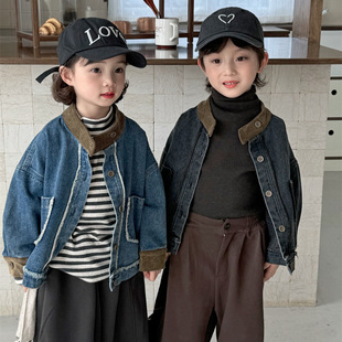 Jiaye Children's Products 2024 Children's Autumn New Raw Edge Denim Tops Men's and Women's Baby Contrast Color Collar Tops Top