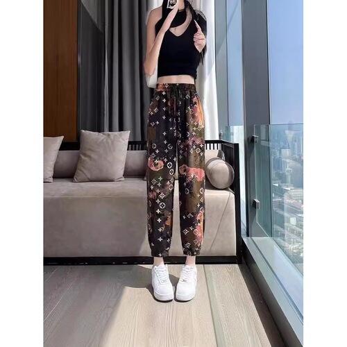 Summer Ice Silk Women's Print Gathered Ankle Pants Beach Cool Pants Ice Silk Long Pants Petite Matchy Matchy Mini Ankle Pants for Women