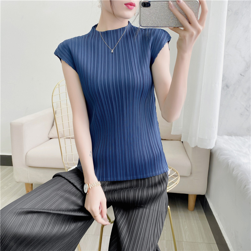 Pleated Top Women's Bag Sleeve Vest Summer T-shirt Comfortable Casual Southeast Asia Slim-fit Slimming Pleated Clothes Women's Clothing