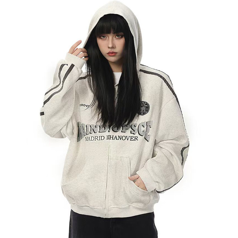 Vin Muk American Retro Sports Badge Zipper Sweatshirt High-End Loose Casual Zipper Cardigan Jacket Trendy