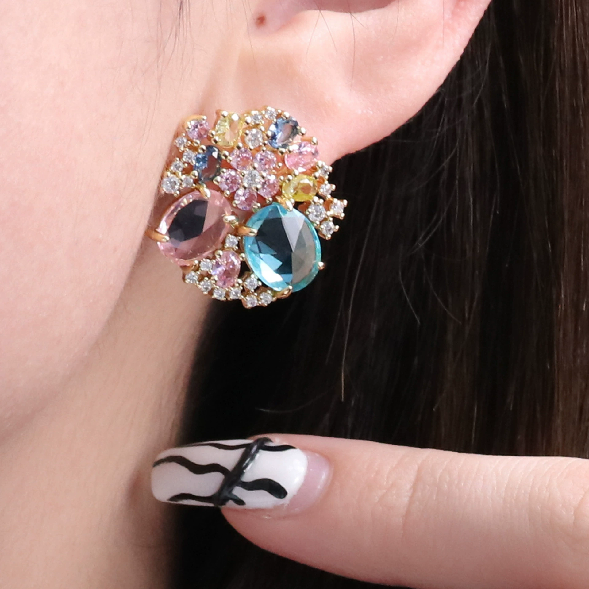 Blue earrings, ring, copper set with zircon, flowered