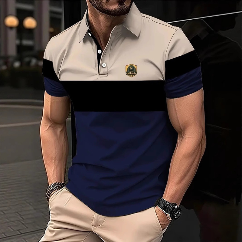 2025欧美跨境独立站夏季男式拼色3D印花短袖纽扣翻领休闲Polo衫无|undefined