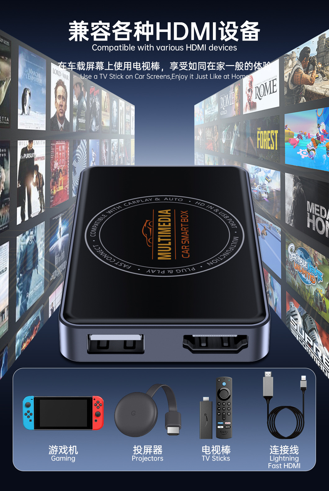 Cross-Border Carplay Screen Projector Car Tv Box Carplay/Android Auto to HDMI Video Box
