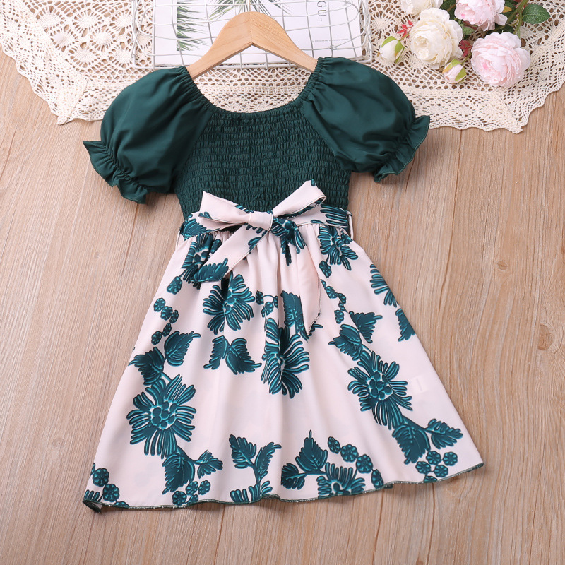 Kids Floral Printed Green Bow Dress Summer Wear