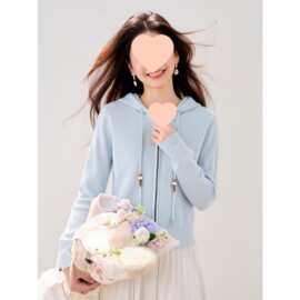 ◆有◆2026春季新款时尚慵懒风宽松连帽抽绳短款毛衣外套蓝色