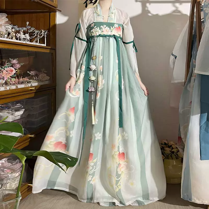 Оригинальный женский Hanfu, двубортный топ в стиле Тан с юбкой до груди, свежий и повседневный весенне-летний стиль.