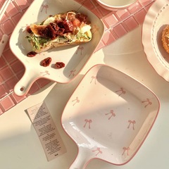 Insピンクリボンハンドル皿セラミック皿家庭用料理皿高颜値オーブンレンジ朝食皿