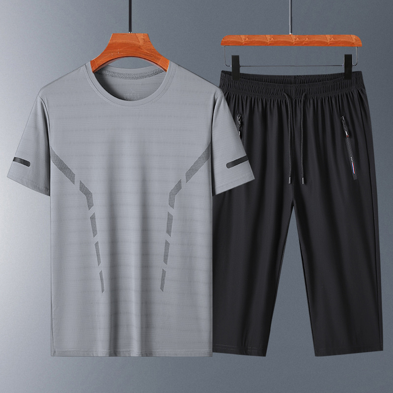 Papa de verano traje deportivo casual hombre de verano delgado rápido secado de manga corta hombre pantalones sueltos de dos piezas