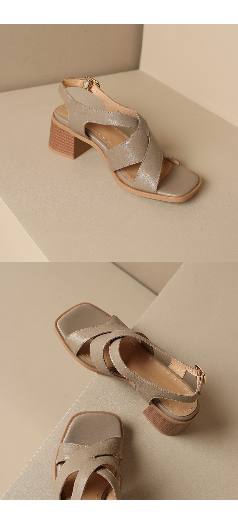Sandal La Mã da cừu đan sọc rộng gót thô hở ngón — Màu camel chi tiết 20