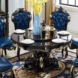 f1t欧式餐桌黑檀色实木圆桌大理石餐桌椅组合6人8人圆形轻奢家用