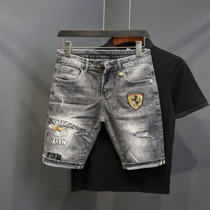 Denim Shorts Men's Summer Thin Five-point Pants Men's Rick Eagle Head Letter Embroidery Prancing Horse Seal Casual Breeches