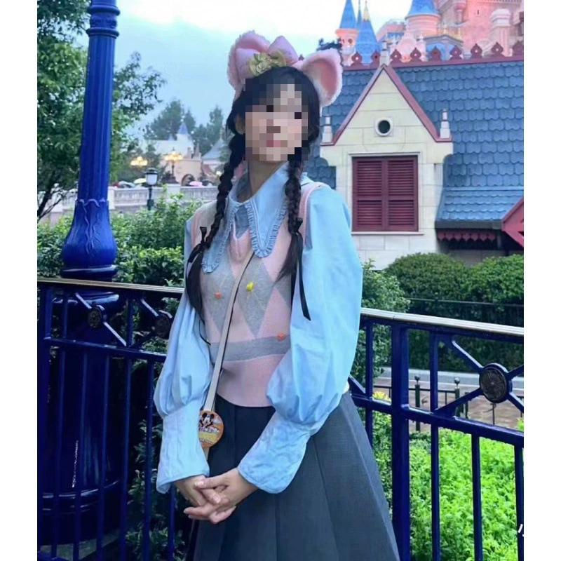 Белый олень TikTok День рождения в том же стиле розовый вязаный жилет свитер женский осенний синий кукольный воротник рубашка Топ