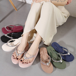 TikTok Red Book Explosions New Rhinestone Wedge Heel Fashion Joker Non-slip Flip Flops Outer Wear Beach High Color Value Personality