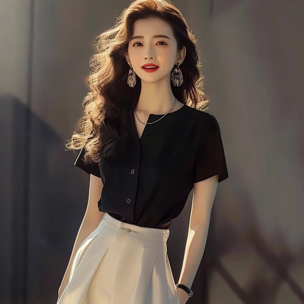 Set áo sơ mi đen phối chân váy midi thanh lịch nữ — màu đen chi tiết 3