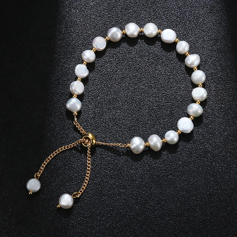 Women's Gender Sweet Round Freshwater Pearl Steel Chain Bracelets