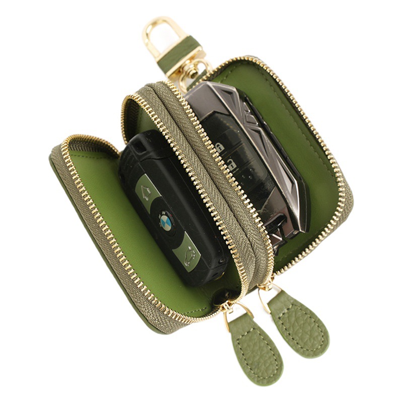 Genuine Leather Car Key Case for Women, Universal Multifunctional Cowhide Keychain Bag, Portable Double Zipper Key Case, Cross-Border