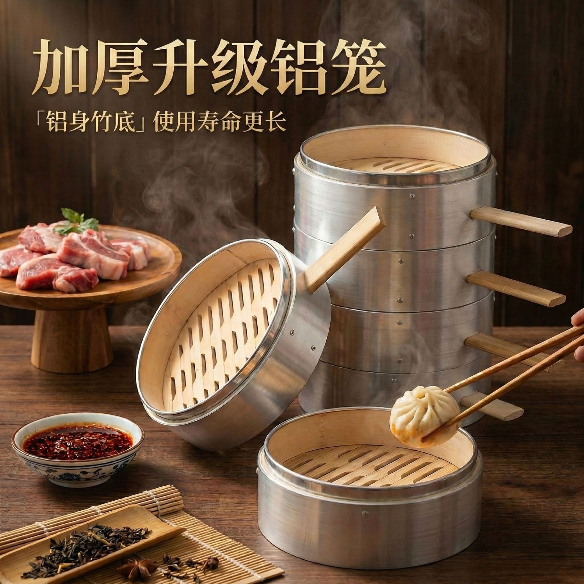 Household Bamboo Steaming Basket for Dim Sum and Buns, Deepened Steamer Tray, Stainless Steel Bamboo Commercial Aluminum Alloy Small Steamer Basket for Dumplings
