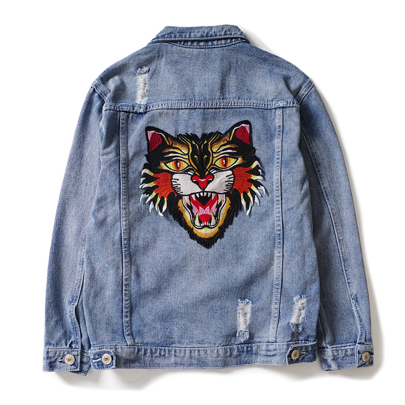 Marchio di abbigliamento maschile alla moda, giacca in denim con testa di gatto ricamata in modo squisito, camicia da uomo alla moda, stile Hong Kong, studente, coppia, strappata_voghion.com
