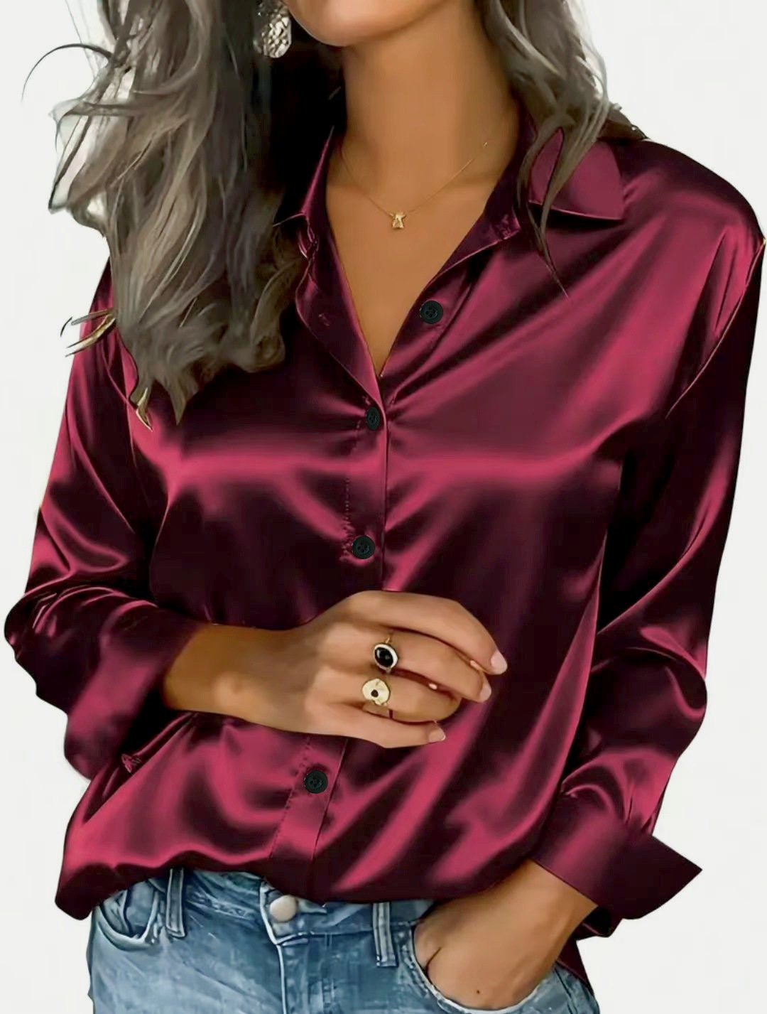 Women's Clothing Satin Shirt Long Sleeved Solid Color Versatile Professional Style American New_ecoleips.com