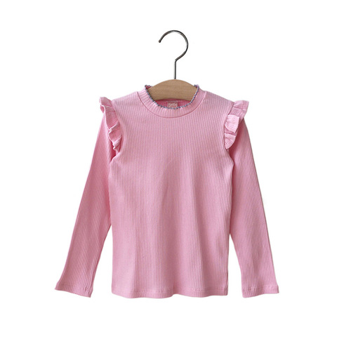 2024 Spring Strawberry Sand Girls' and Girls' 4-Color Cute Fringe Fitted Long-Sleeve Solid Color Basic T-Shirt