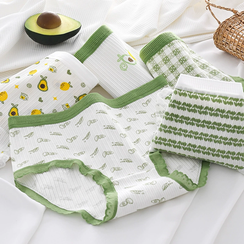 Женское нижнее белье, женские милые клетчатые трусики с принтом авокадо, маленькие свежие трусики, женские клетчатые дышащие треугольные трусики со средней талией