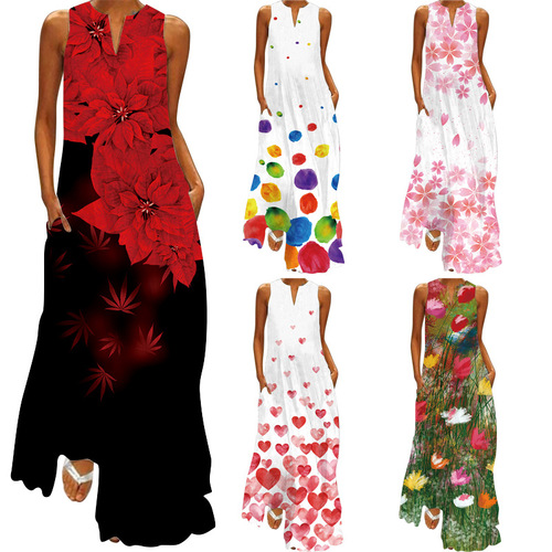 2024 summer independent station new European and American retro printed long skirt V-neck multi-color long sexy sleeveless dress