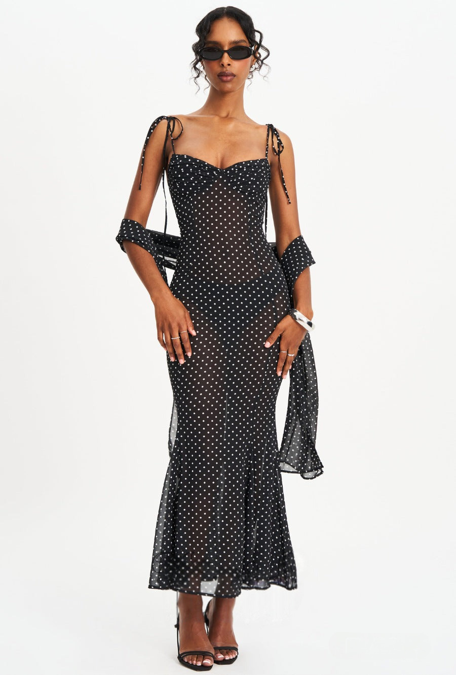 Women Elegant Spaghetti Strap Polka Dot Print Backless Dress Stylish Scarf Decor Slimming Party Vacation Dress_ecoleips.com
