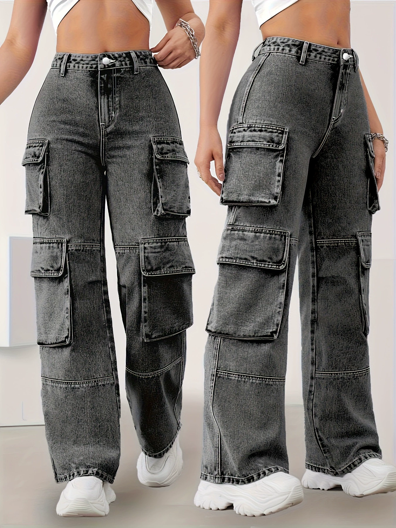 Женские широкие джинсы-карго с высокой талией, свободные прямые