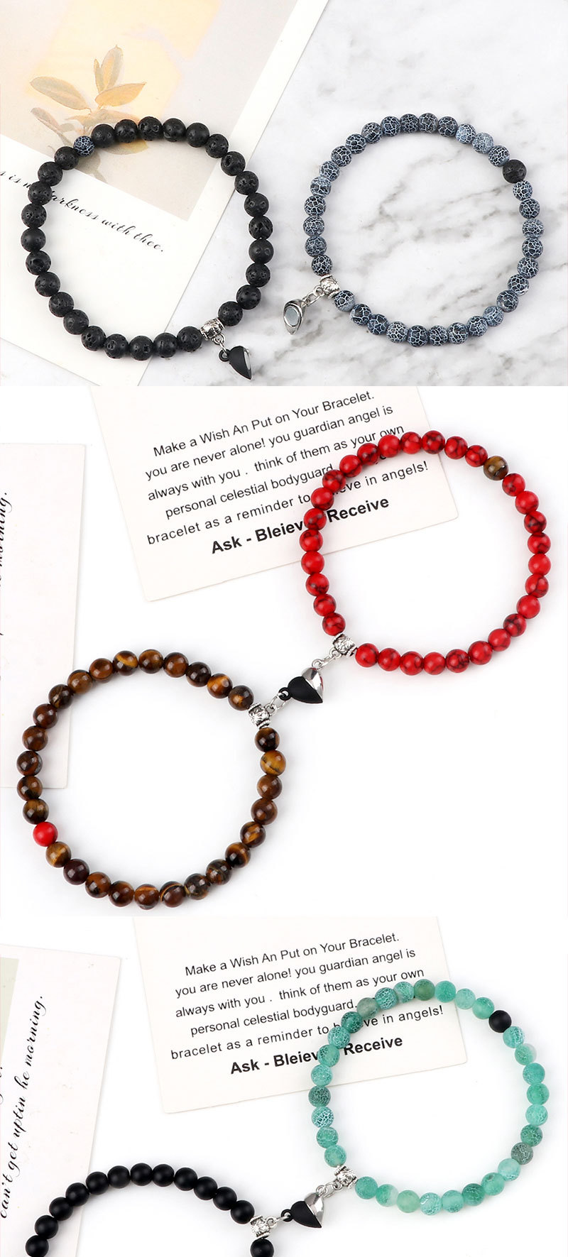 Couple Beaded Magnetic Bracelets With Heart Shaped Buckle Set_voghion.com