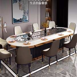 新中式酒店岩板椭圆电动餐桌隐形电磁炉现代餐厅自动旋转长火锅桌