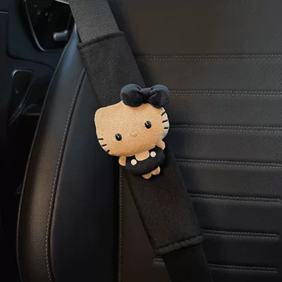 Black Leather Mini Hello Kitty Seatbelt Shoulder Pads, Cute Car Interior Accessories, New Car Gift (Seat belt shoulder pad) - exquisite-face-black-leather-and-black-knot-kt-black-shoulder-protector