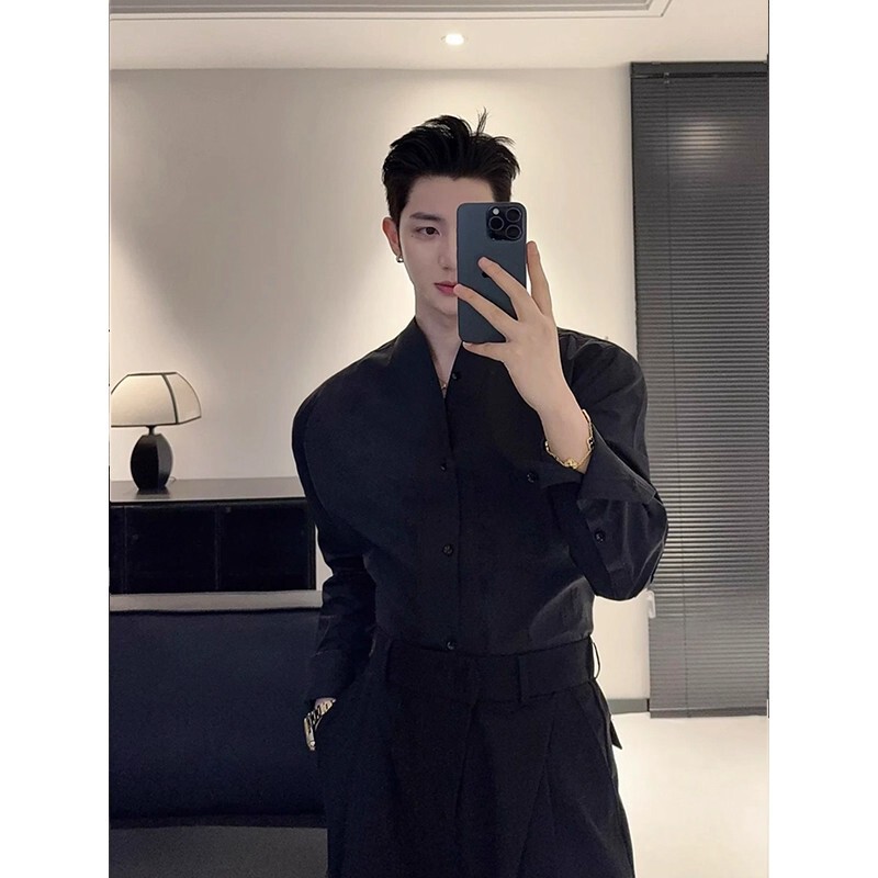 Personalized V-Neck Shirt for Men, Long-Sleeved, Slim Fit, Korean Style, Trendy, Handsome, Stand-Up Collar, No-Iron, Casual, Collarless Shirt, Summer