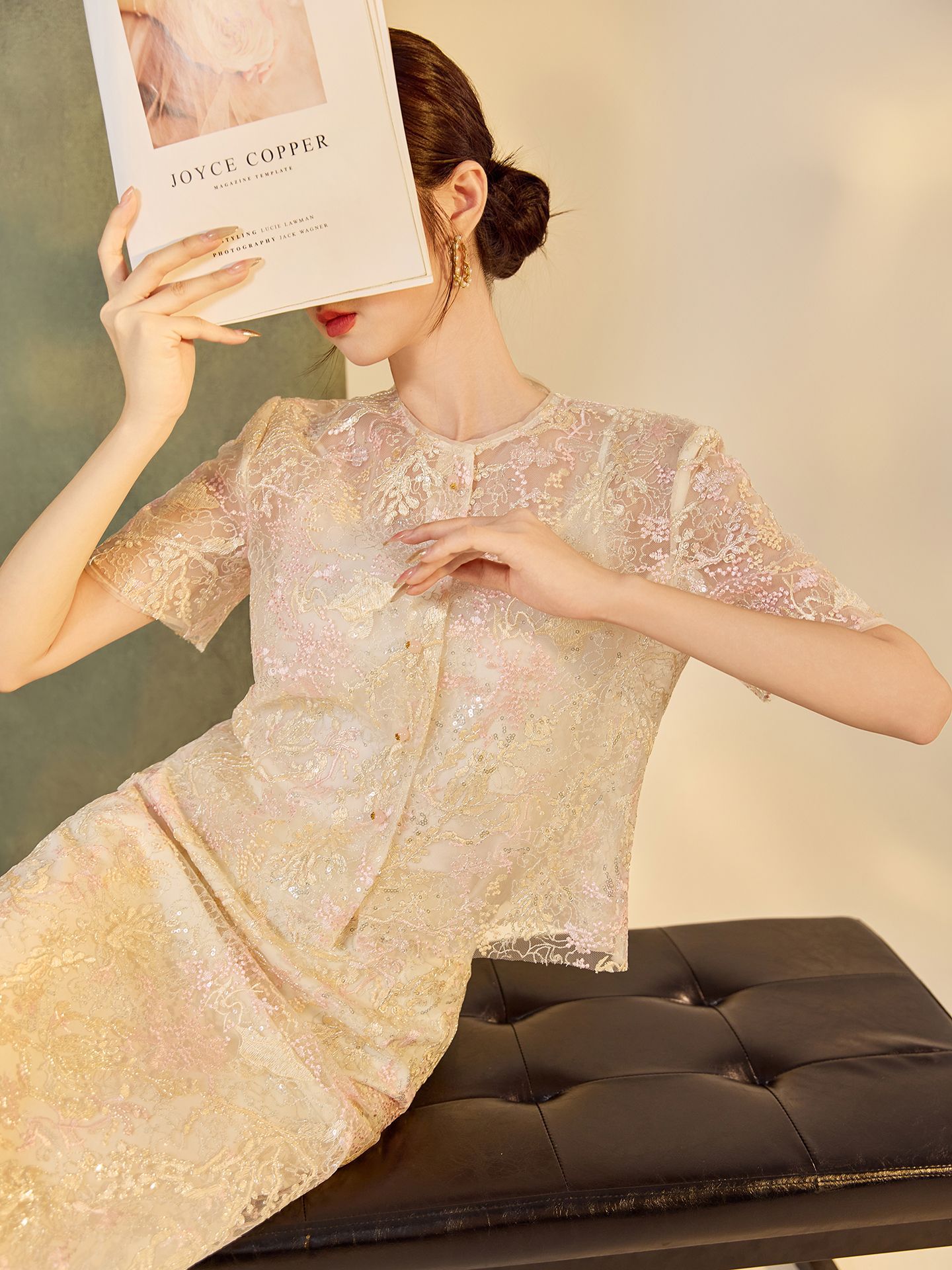Bộ áo váy hai mảnh ren đính sequin phong cách Trung Hoa mới N6071 — áo, váy