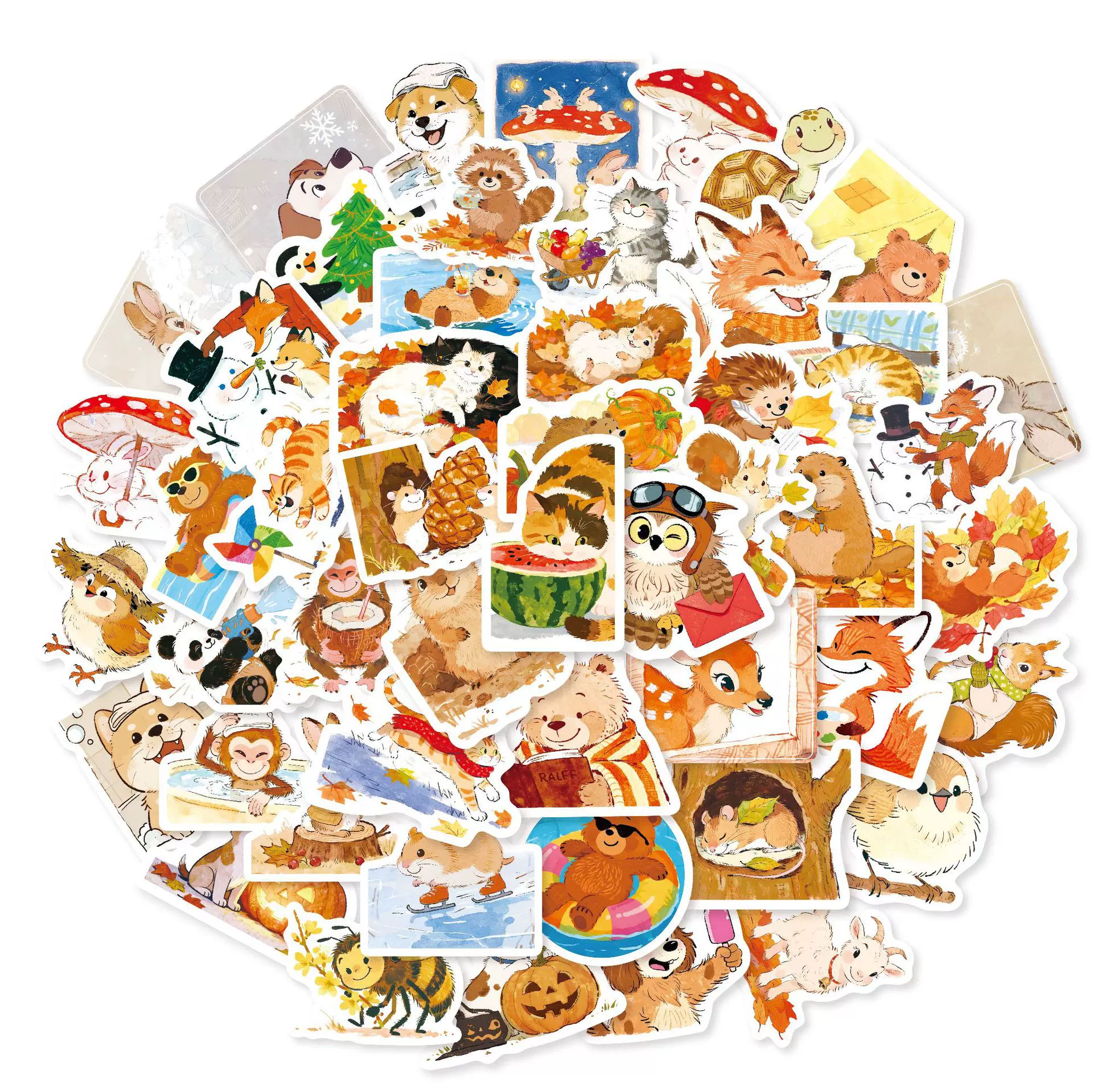 50张卡通动物四季可爱涂鸦贴纸装饰吉他笔记本行李箱DIY跨境防水